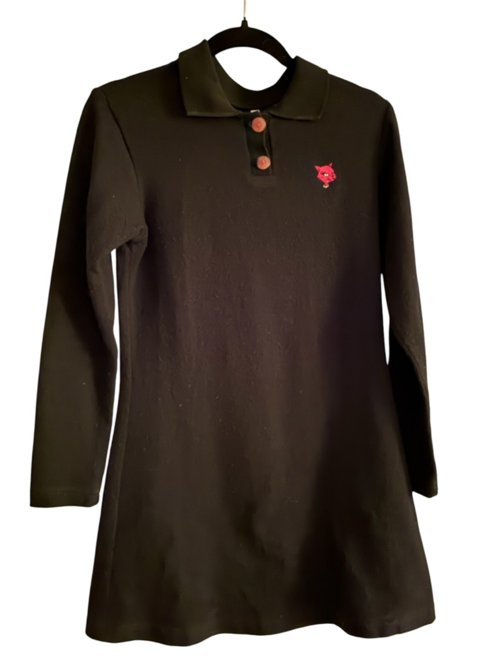 Black Long-Sleeve Polo Sweater Dress with Pink Cat Embroidery